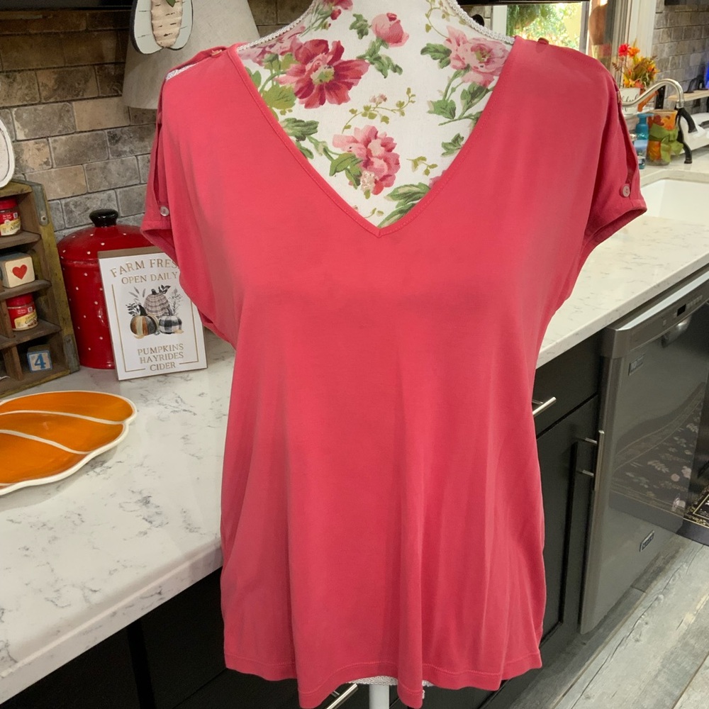 Lucky Brand Womens Small Slinky Blouse Cap Sleeve Button Open Detail Salmon Pink